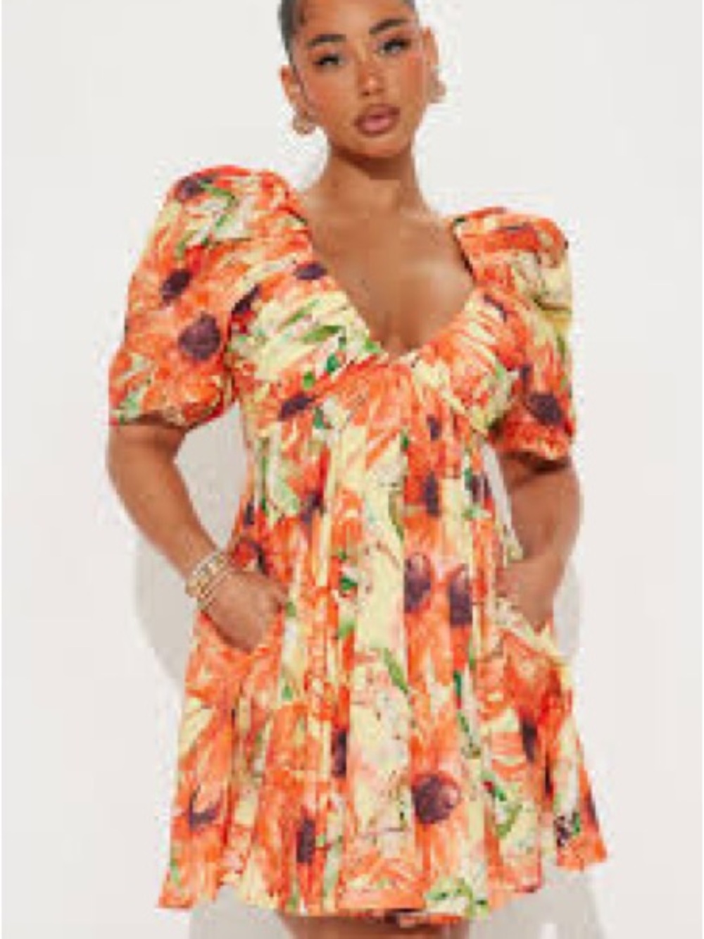 Fashion Nova Gardenia Puff Sleeve Mini Dress in Orange/combo Sz S - Picture 2 of 10
